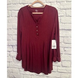 NWT Kim Rogers Womens Henley Top Blouse Medium M Sirin Red Long Sleeve
